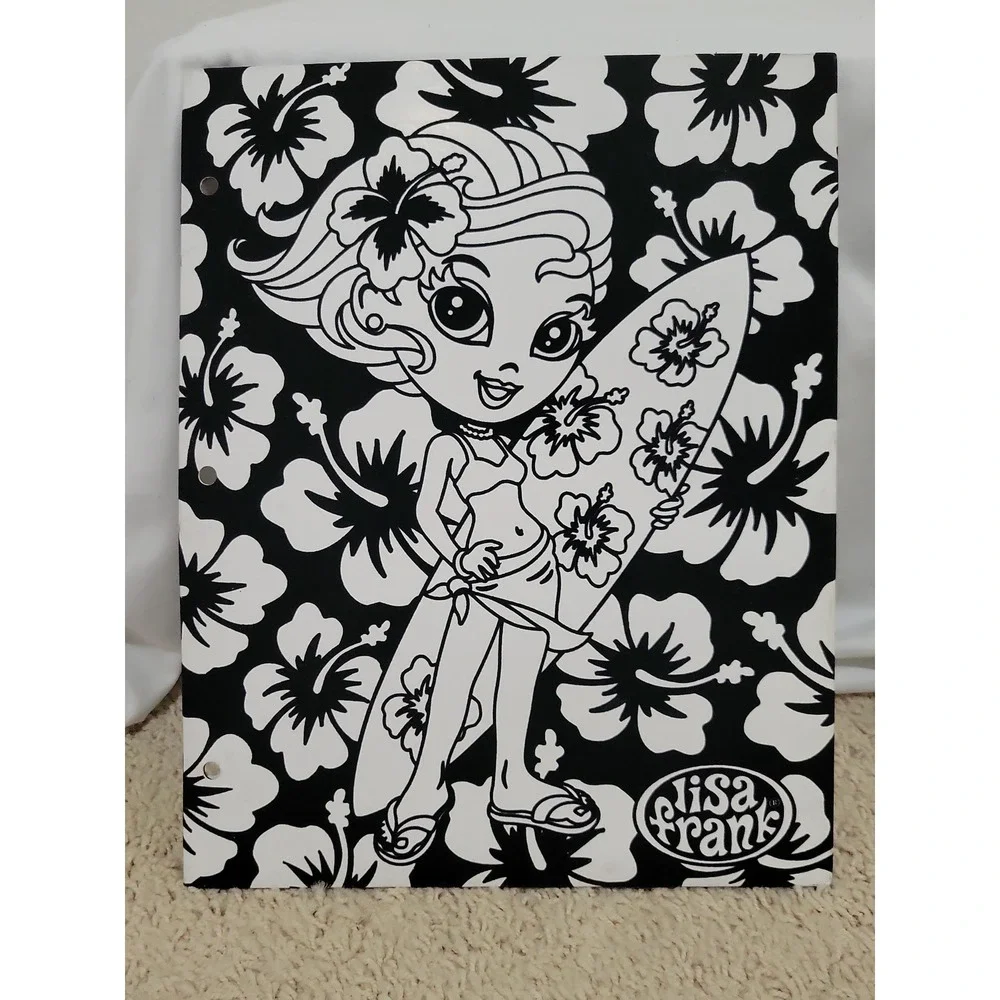 Lisa Frank Surfer Girl Fuzzy 2 Pocket Folder Hibiscus Vintage Y2K Black White